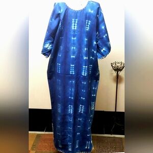 Authentic Ghanaian Indigo Mudcloth Maxi Kaftan. Fits XL.
